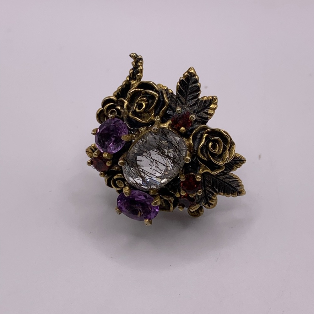 Handmade Sterling Silver Gold-Plated Rutilated Amethyst Garnet Ring" - Picture 1 of 8